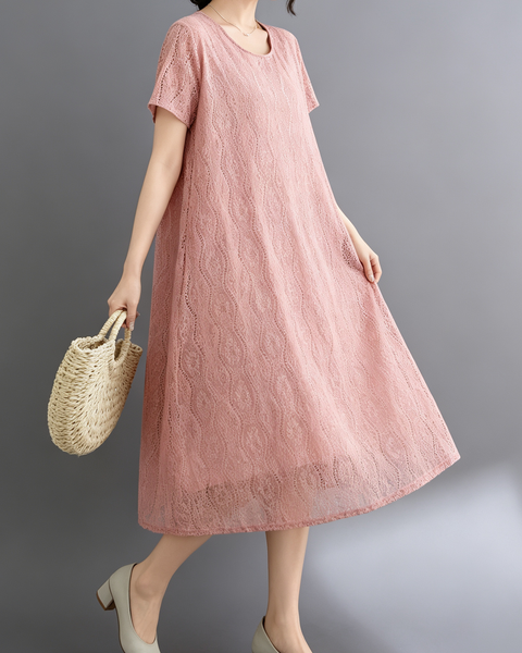 ellazhu Women's Lace Flowy Dress Round Neck Short Sleeve Loose GA2812