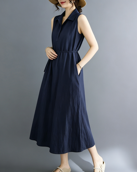 ellazhu Women's Sleeveless Collared Maxi Dress Tie Waist Loose GA2817