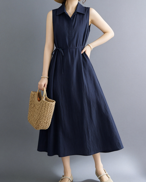 ellazhu Women's Sleeveless Collared Maxi Dress Tie Waist Loose GA2817