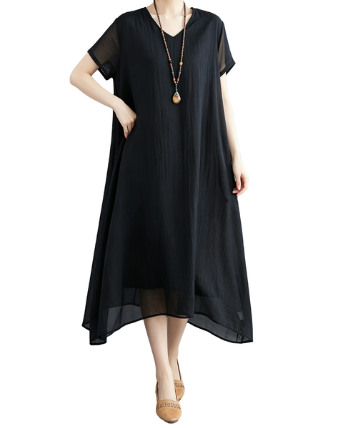 ellazhu Women's V Neck Sheer Maxi Dress Short Sleeve Plus Size GA2818
