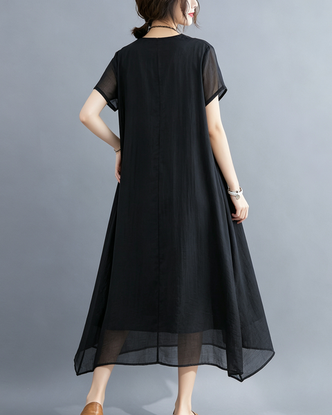 ellazhu Women's V Neck Sheer Maxi Dress Short Sleeve Plus Size GA2818