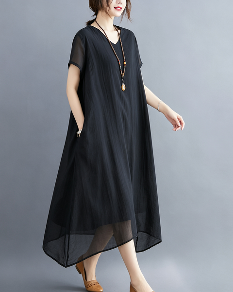 ellazhu Women's V Neck Sheer Maxi Dress Short Sleeve Plus Size GA2818