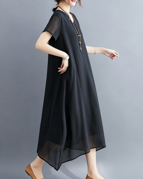 ellazhu Women's V Neck Sheer Maxi Dress Short Sleeve Plus Size GA2818