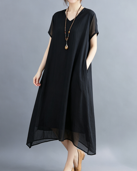 ellazhu Women's V Neck Sheer Maxi Dress Short Sleeve Plus Size GA2818