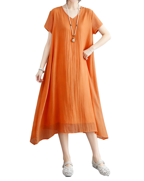 ellazhu Women's V Neck Sheer Maxi Dress Short Sleeve Plus Size GA2818