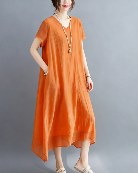 ellazhu Women's V Neck Sheer Maxi Dress Short Sleeve Plus Size GA2818