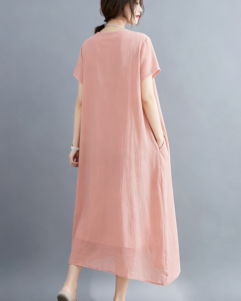 ellazhu Women's V Neck Sheer Maxi Dress Short Sleeve Plus Size GA2818