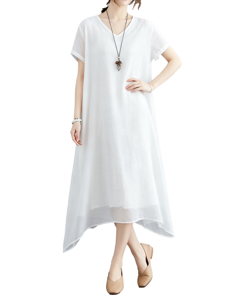 ellazhu Women's V Neck Sheer Maxi Dress Short Sleeve Plus Size GA2818