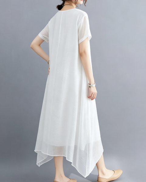 ellazhu Women's V Neck Sheer Maxi Dress Short Sleeve Plus Size GA2818