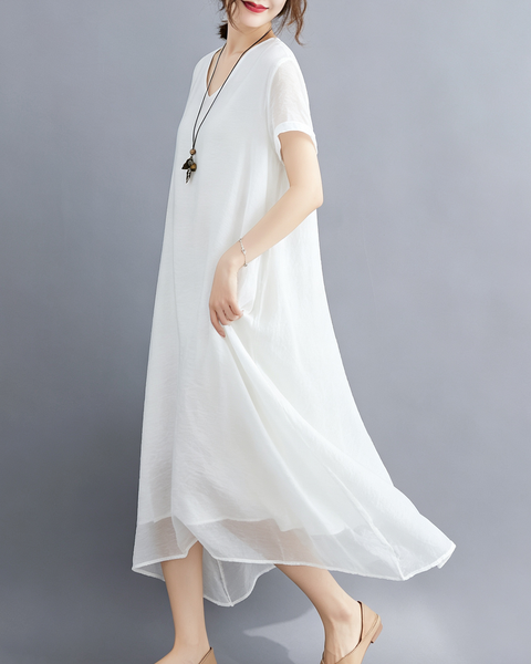 ellazhu Women's V Neck Sheer Maxi Dress Short Sleeve Plus Size GA2818