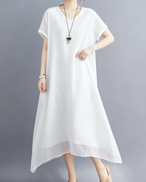 ellazhu Women's V Neck Sheer Maxi Dress Short Sleeve Plus Size GA2818