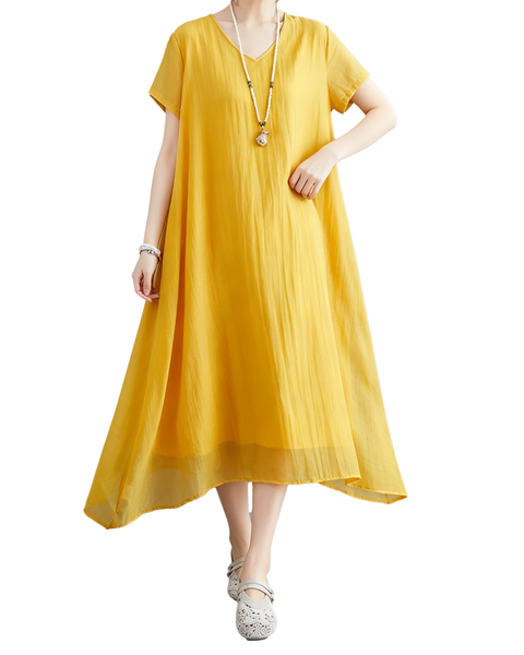 ellazhu Women's V Neck Sheer Maxi Dress Short Sleeve Plus Size GA2818