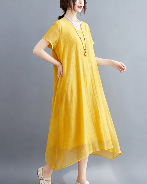 ellazhu Women's V Neck Sheer Maxi Dress Short Sleeve Plus Size GA2818