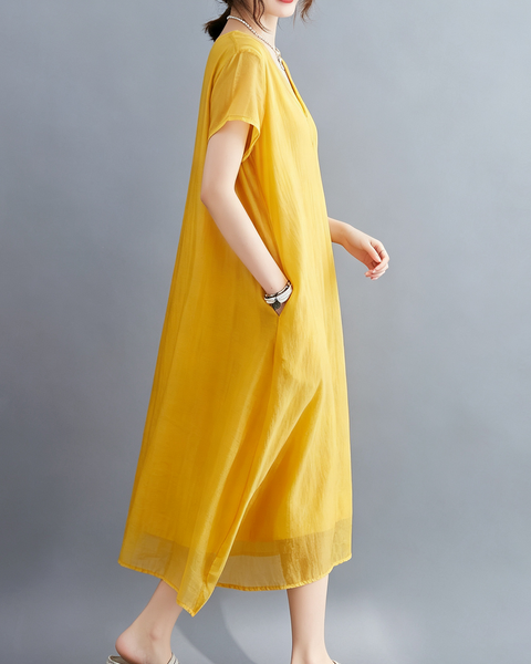 ellazhu Women's V Neck Sheer Maxi Dress Short Sleeve Plus Size GA2818