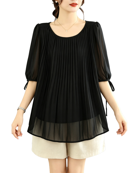ellazhu Women's Pleated Sheer Blouse Tie Sleeve Loose Chic Top GA2820