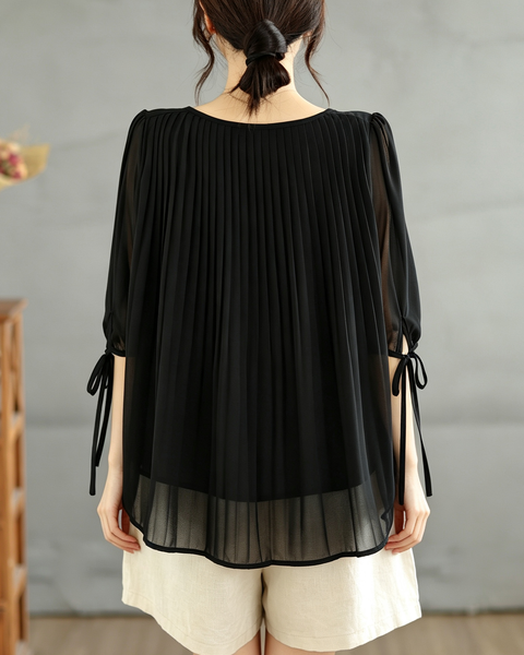 ellazhu Women's Pleated Sheer Blouse Tie Sleeve Loose Chic Top GA2820