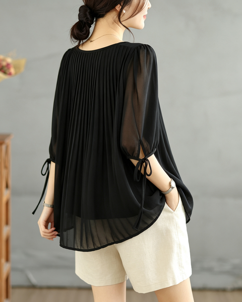 ellazhu Women's Pleated Sheer Blouse Tie Sleeve Loose Chic Top GA2820