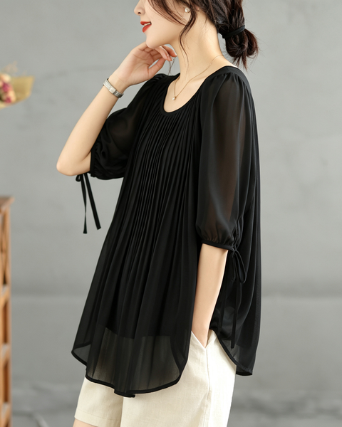 ellazhu Women's Pleated Sheer Blouse Tie Sleeve Loose Chic Top GA2820