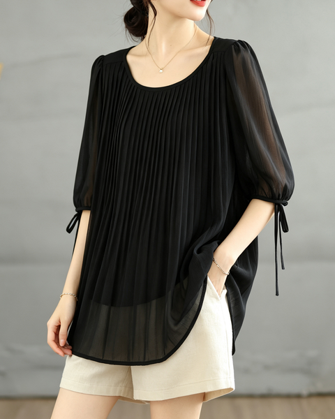 ellazhu Women's Pleated Sheer Blouse Tie Sleeve Loose Chic Top GA2820