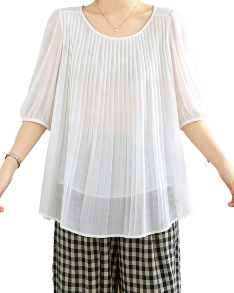 ellazhu Women's Pleated Sheer Blouse Tie Sleeve Loose Chic Top GA2820