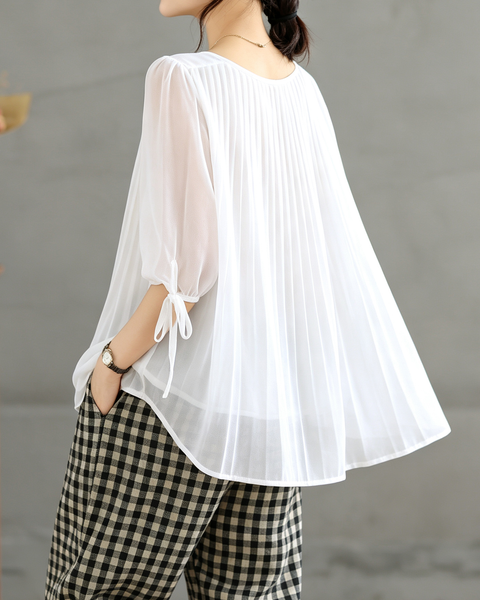 ellazhu Women's Pleated Sheer Blouse Tie Sleeve Loose Chic Top GA2820