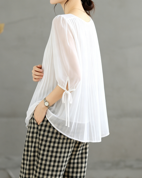 ellazhu Women's Pleated Sheer Blouse Tie Sleeve Loose Chic Top GA2820