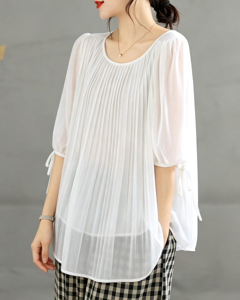 ellazhu Women's Pleated Sheer Blouse Tie Sleeve Loose Chic Top GA2820