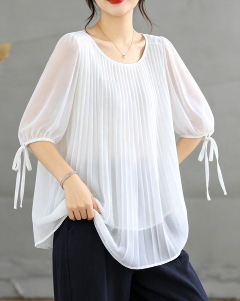 ellazhu Women's Pleated Sheer Blouse Tie Sleeve Loose Chic Top GA2820