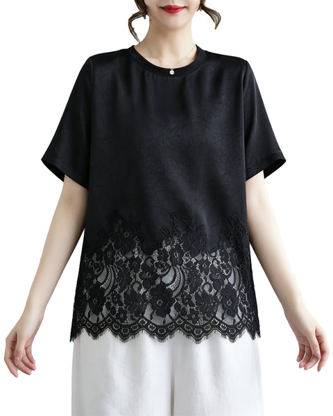 ellazhu Women's Plus Size Boho Floral Lace Hem Loose Short Sleeve GA2823