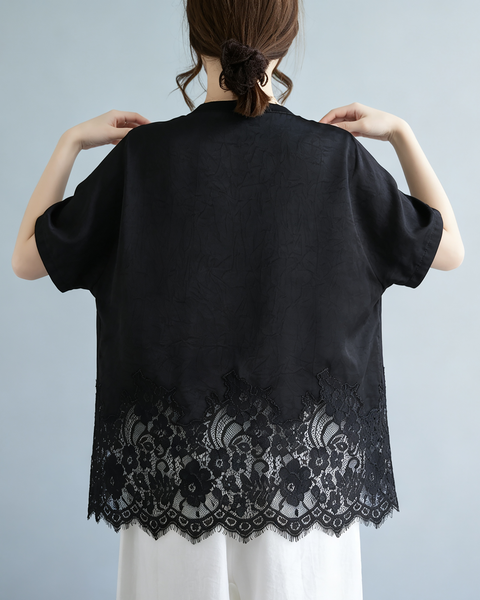 ellazhu Women's Plus Size Boho Floral Lace Hem Loose Short Sleeve GA2823