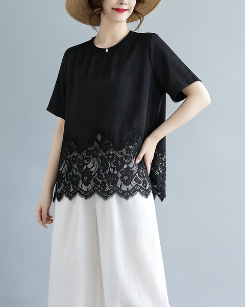 ellazhu Women's Plus Size Boho Floral Lace Hem Loose Short Sleeve GA2823