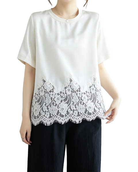 ellazhu Women's Plus Size Boho Floral Lace Hem Loose Short Sleeve GA2823