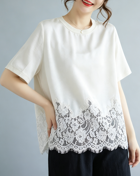 ellazhu Women's Plus Size Boho Floral Lace Hem Loose Short Sleeve GA2823