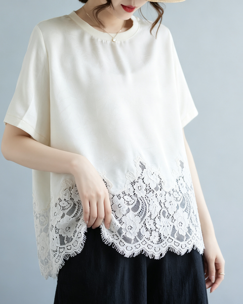 ellazhu Women's Plus Size Boho Floral Lace Hem Loose Short Sleeve GA2823