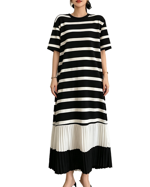 ellazhu Women's Plus Size Striped Pleated Hem Loose T Shirt Dress GA2824