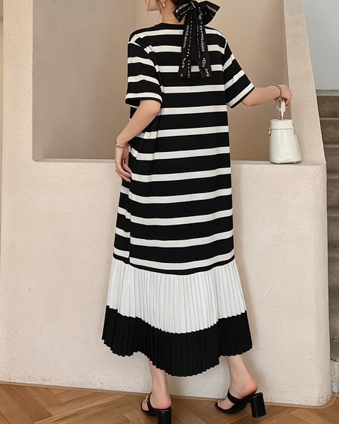 ellazhu Women's Plus Size Striped Pleated Hem Loose T Shirt Dress GA2824
