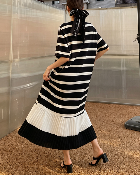 ellazhu Women's Plus Size Striped Pleated Hem Loose T Shirt Dress GA2824