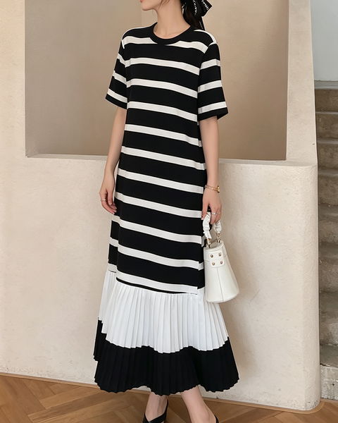 ellazhu Women's Plus Size Striped Pleated Hem Loose T Shirt Dress GA2824