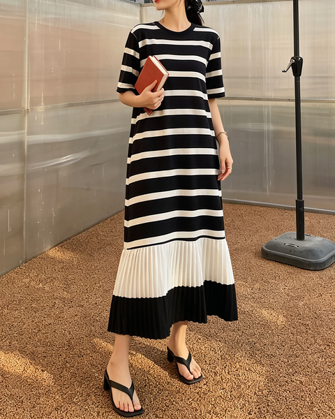 ellazhu Women's Plus Size Striped Pleated Hem Loose T Shirt Dress GA2824