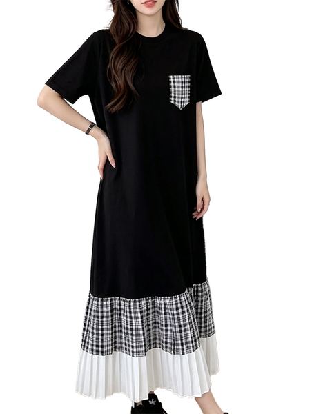 ellazhu Women's Plus Size Plaid Pocket Pleated Maxi T Shirt Dress GA2825