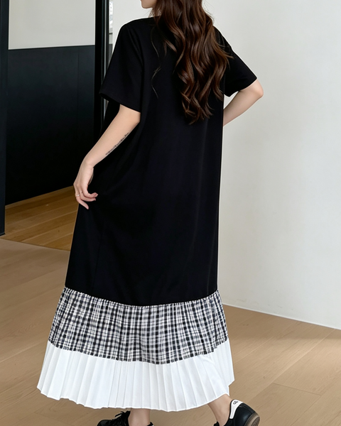 ellazhu Women's Plus Size Plaid Pocket Pleated Maxi T Shirt Dress GA2825