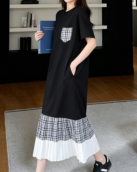 ellazhu Women's Plus Size Plaid Pocket Pleated Maxi T Shirt Dress GA2825