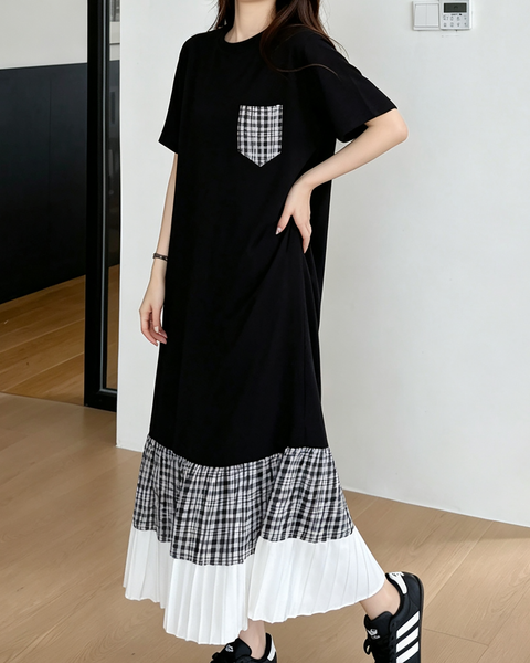 ellazhu Women's Plus Size Plaid Pocket Pleated Maxi T Shirt Dress GA2825