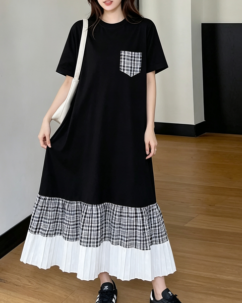 ellazhu Women's Plus Size Plaid Pocket Pleated Maxi T Shirt Dress GA2825