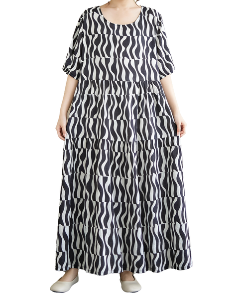 ellazhu Women's Plus Size Loose Wavy Tiered Round Neck Maxi Dress GA2826