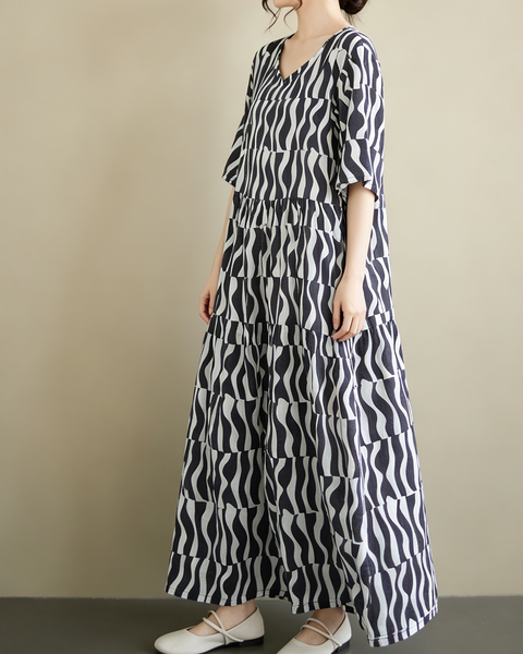 ellazhu Women's Plus Size Loose Wavy Tiered Round Neck Maxi Dress GA2826