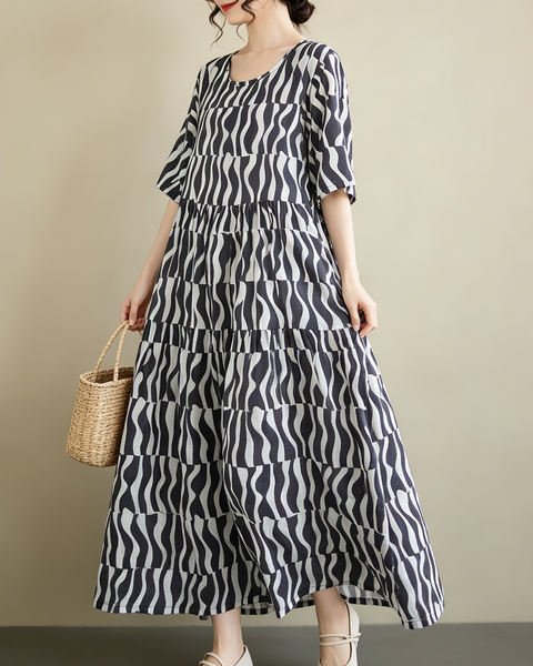 ellazhu Women's Plus Size Loose Wavy Tiered Round Neck Maxi Dress GA2826