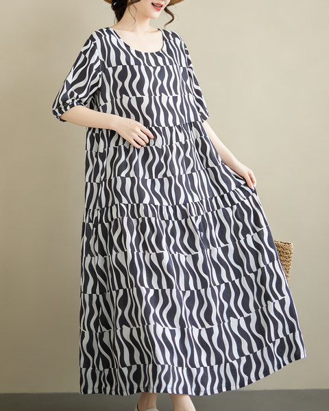 ellazhu Women's Plus Size Loose Wavy Tiered Round Neck Maxi Dress GA2826