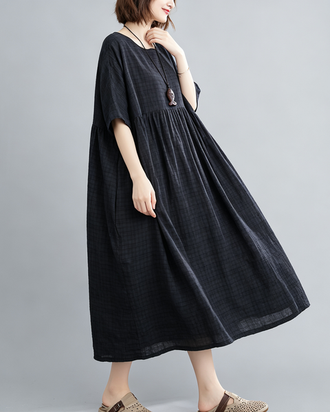 ellazhu Women's Plus Size Plaid Pleated A Line Maxi T Shirt Dress GA2827