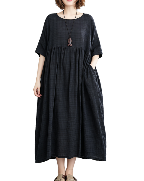 ellazhu Women's Plus Size Plaid Pleated A Line Maxi T Shirt Dress GA2827